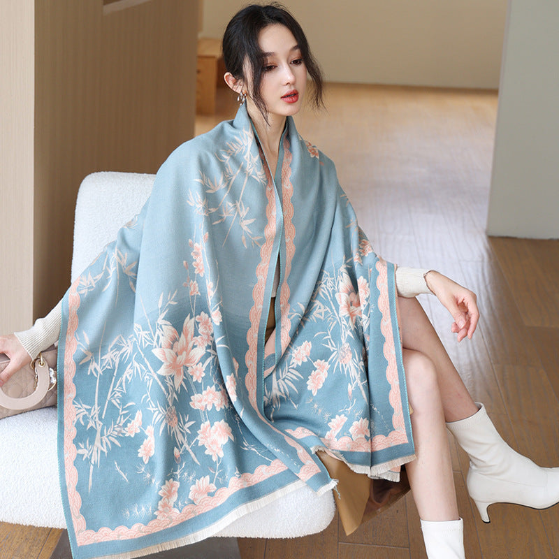 Elegant National Style Cashmere Scarf – Double-Sided Jacquard Shawl for Women