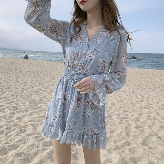 Women’s Retro Long-Sleeve Floral Chiffon Dress with Rabbit Fur Trim