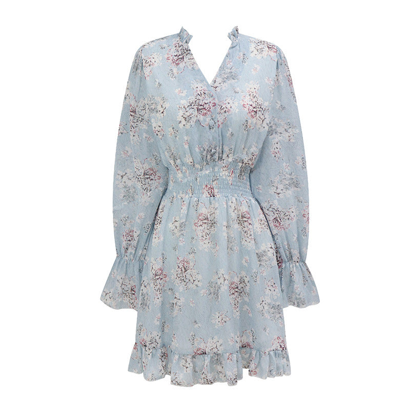 Women’s Retro Long-Sleeve Floral Chiffon Dress with Rabbit Fur Trim