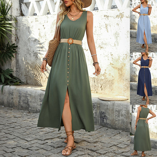 Women's Sleeveless Summer Maxi Dress – Round Neck, Side Split, Button Design Beachwear