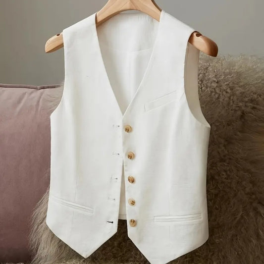 Women's Linen Vest Jacket - Casual Elegant Waist-Cinching Cover-Up