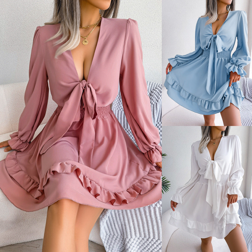 Sexy V-Neck Lace-Up Summer Dress – Long Sleeve A-Line Beachwear