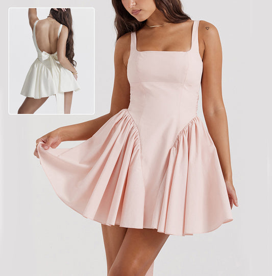 Women’s Square Neck Sleeveless Mini Dress – Backless Bow Design Summer Slim Fit Fashion