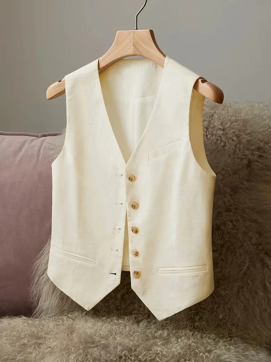 Women's Linen Vest Jacket - Casual Elegant Waist-Cinching Cover-Up