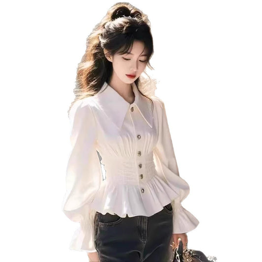 Women's Doll Collar White Shirt – Slim Waist Long Sleeve Blouse