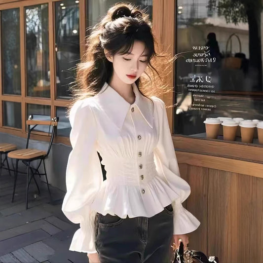 Women's Doll Collar White Shirt – Slim Waist Long Sleeve Blouse
