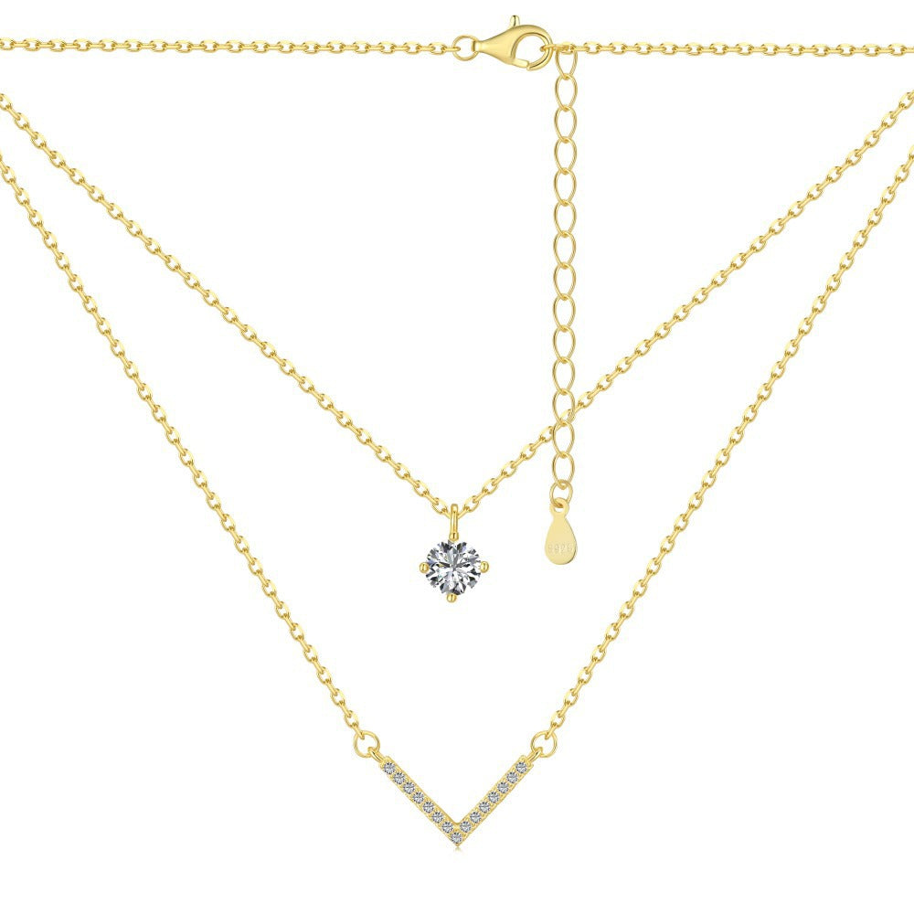 Double Layer V-Pendant Necklace – S925 Silver Plated 18K Gold Chain