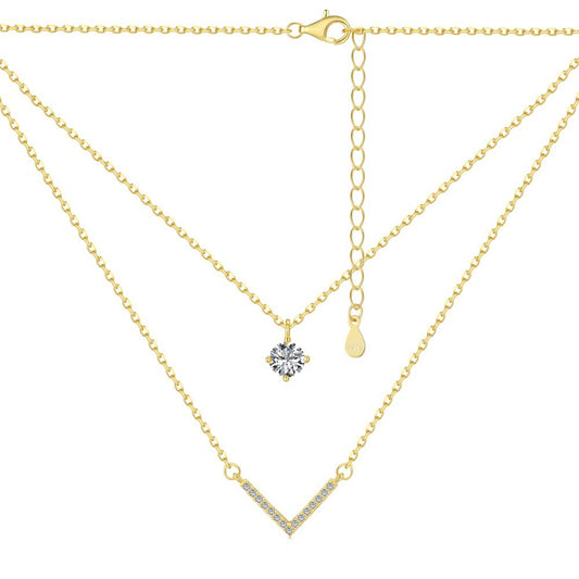 Double Layer V-Pendant Necklace – S925 Silver Plated 18K Gold Chain