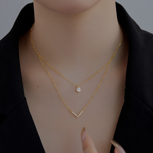 Double Layer V-Pendant Necklace – S925 Silver Plated 18K Gold Chain