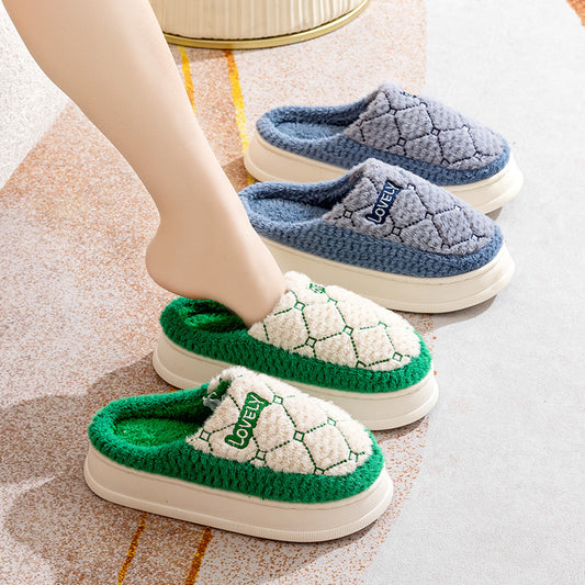 Couple Plush House Slippers – Thick-Soled Non-Slip Indoor Shoes with Rhombus Pattern (Men/Women)