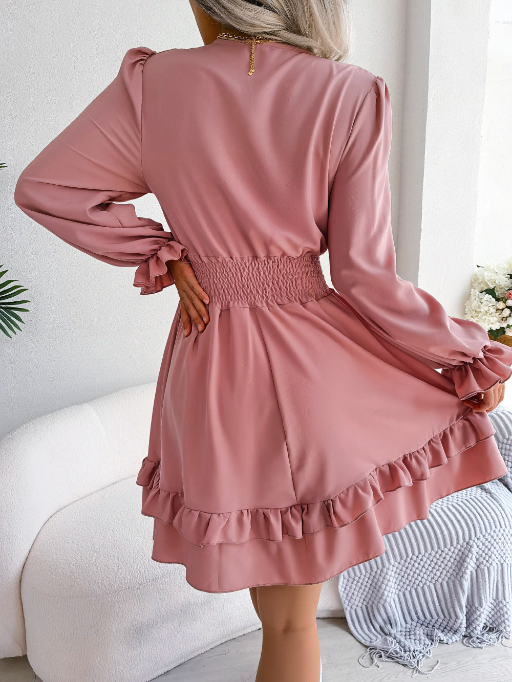 Sexy V-Neck Lace-Up Summer Dress – Long Sleeve A-Line Beachwear