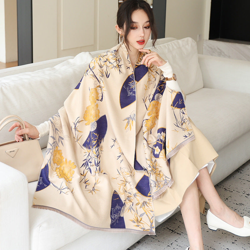 Elegant National Style Cashmere Scarf – Double-Sided Jacquard Shawl for Women
